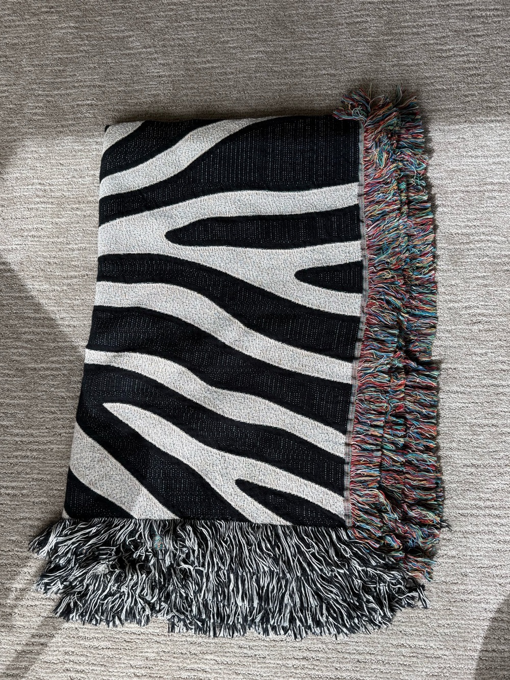 Black and White Zebra Throw Blanket with Multicolor Fringe